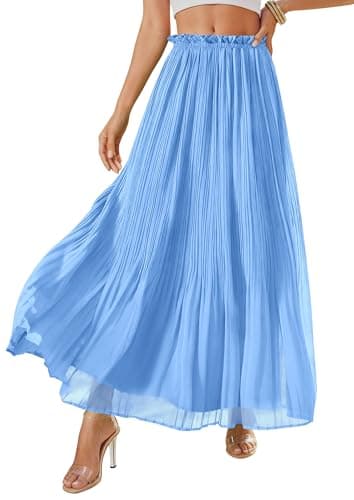 PRETTYGARDEN Long Skirts for Women Summer Vacation Outfits 2026 Spring Chiffon Elastic Waist Flowy A-Line Pleated Midi Skirt(Light Blue,Large) - Image 1