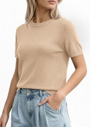 PRETTYGARDEN Women's Short Sleeve Sweaters 2026 Spring Crew Neck Knit Work Shirts Business Casual Tops Summer Fashion Clothes (Beige,Large) - Thumbnail 3