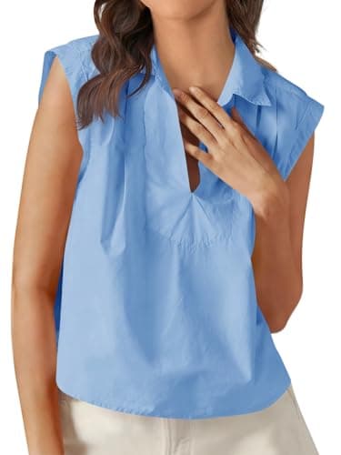 Tankaneo Womens Summer V Neck Tank Tops Collared Sleeveless Shirts Trendy Casual Loose Fit Blouse Light Blue - Image 1