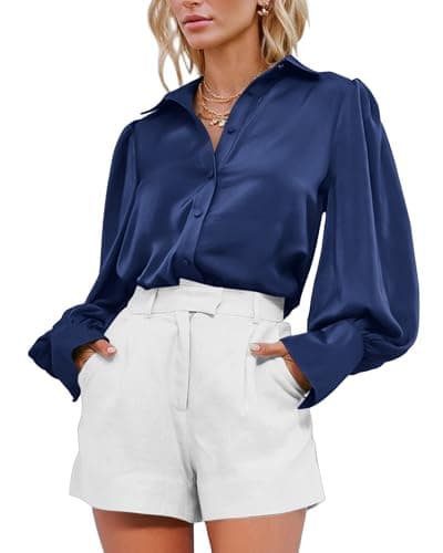 BTFBM Women Satin Blouses Summer Fall Clothes Button Down Lantern Long Sleeve Shirts Work Business Casual Dressy Tops(Navy, Small) - Image 1