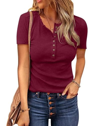 BTFBM Womens Tops 2026 Summer Top Henley V Neck Short Sleeve Button Slim Fit Casual Ribbed Shirts Blouses Spring Outfits(Wine Red, Large) - Image 1