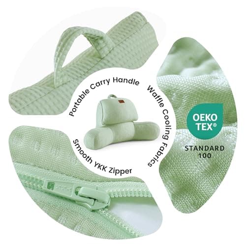 Amélie Home Premium Cooling Waffle Reading Pillow, Qmax>0.37 Ergonomic Back Support with Pocket & Handle, Breathable Lounging Pillow for Bed Sofa Floor Summer, Washable Cover, 17 Inches, Sage Green - Thumbnail 6