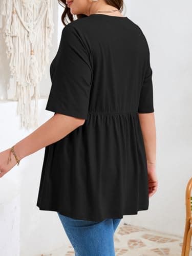 Beautife Womens Plus Size Summer Babydoll Tops Short Sleeve Crew Neck T Shirts Peplum Casual Loose Fit Blouse Black - Thumbnail 5