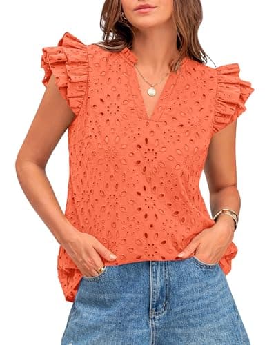 BTFBM Summer Eyelet Tops for Women 2026 Dressy Casual Spring V Neck Ruffle Cap Sleeve Embroidered Blouses Resort Wear(Orange, Medium) - Image 1