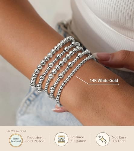 adoyi Silver Bracelets for Women Beaded Bracelet 14K Gold Plated Bracelet Stack Strand Stretch Bead Ball Bracelet Set Stackable Bracelet Adjustable Bracelet Set Jewelry for Women 7.25 inches - Thumbnail 5