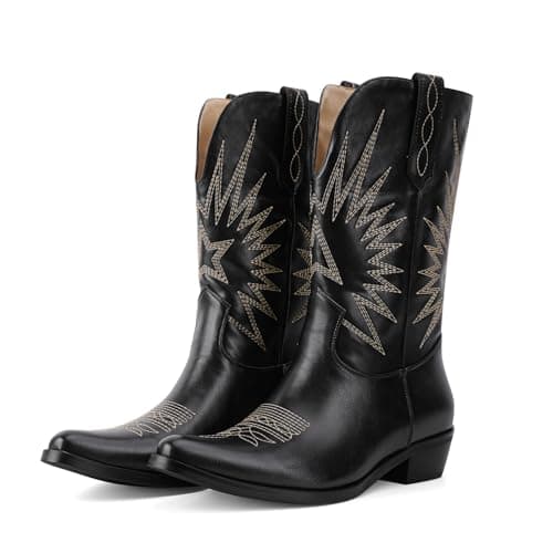 QIV Black Mid Calf Boots for Women Short Western Cowgirl Boots With Star Embroidery Pointed Toe Low Heel Easy Pull-On Fit Size 9 - Image 1