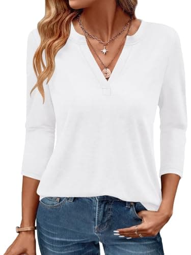 Womens Tops 3/4 Sleeve V Neck Spring Summer Work Tunic Shirts Business Dressy Casual Blouses A- White - Image 1