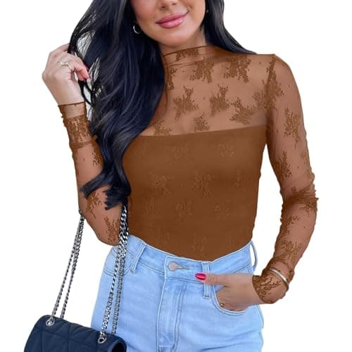 PINKMSTYLE Lace Long Sleeve Bodysuit High Neck for Women, Sexy Tops, Going Out Outfits, Concert & Party Wear - Image 1