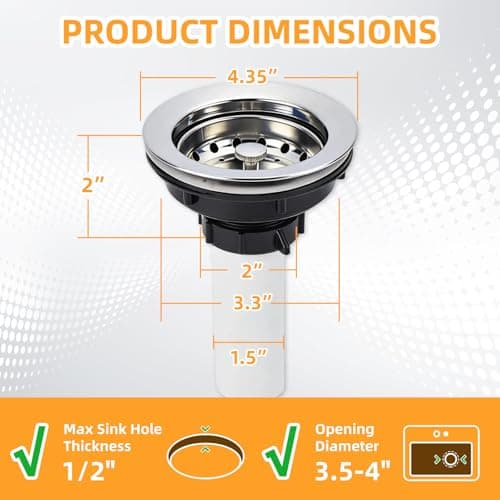 Kitchen Sink Drain Assembly, Stainless Steel Basket Strainer with Knob, 3-1/2 Inch Sink Drain Stopper Plug, Threaded Plastic Sink Strainer Tailpiece 1-1/2 in - Thumbnail 2