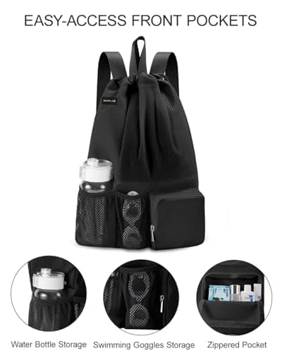 BAVELOE Swim Bag with Wet Pocket, Mesh Drawstring Backpack for Beach, Swimming, Snorkeling, Pool, Gym for Women Men (Black) - Thumbnail 3