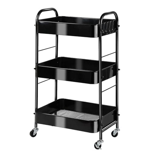 SUNLPH 3-Tier Rolling Utility Cart with Stopper Caster Wheels and 4 Hooks, Easy Assembly, for Kitchen, Bathroom, Living Room, Office (17.7”L x 12.2”W x 29.1”H, Black)