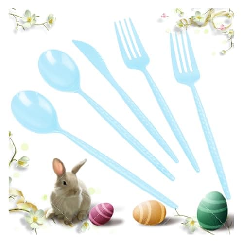 LIYH 150 Pcs Baby Blue Plastic Cutlery Sets - Light Blue Plastic Silverware Heavyduty, Disposable Utensil Sets, 50 of Each Forks, Knives & Spoons Flatware Set for Party Birthday Easter - Image 1