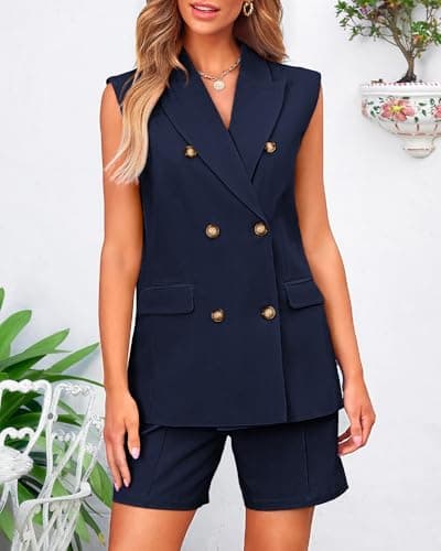 BTFBM Two Piece Sets For Women Spring 2026 Summer Pockets Button Sleeveless Vest And Shorts Work Business Casual Outfits(Navy, Large) - Thumbnail 6