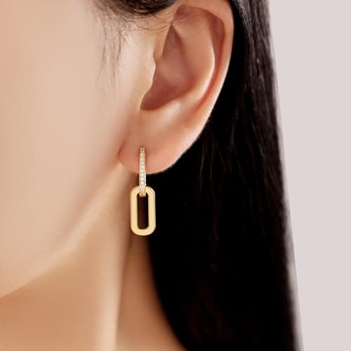 14K Gold Plated Gold Paperclip Earrings For Women Trendy Link Huggie Hoop Earrings Gold Chain Statement Drop DanglEarrings with Cubic Zirconia Jewelry Gifts For Her Silver - Thumbnail 2