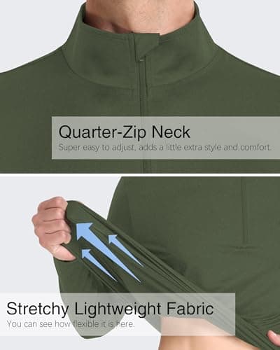 Mens Quarter Zip Pullover Long Sleeve Shirts UPF 50+ Sun Protection Wicking Moisture Dry Fit Lightweight Workout Gym Running Fishing Golf Casual Athletic Tops Army Green L - Thumbnail 5