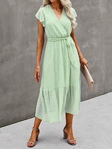 BTFBM Women Summer Bohemian Floral Casual Wrap V Neck Ruffle Cap Sleeveless Belt A-Line Pleated Hem Swing Midi Sun Dress (Swiss Dot Light Green, m) - Thumbnail 4