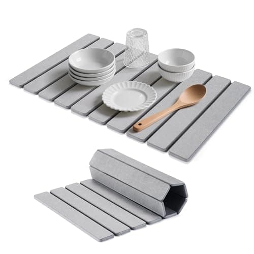 HABUTWAY Large Stone Dish Drying Mat for Kitchen Counter Quick Dry Collapsible Diatomaceous Earth Dish Drying Mats Water Absorbent Drying Mat for Dishes Bottles Cups Foldable (LIGHT GREY, 24"L×16"W) - Image 1