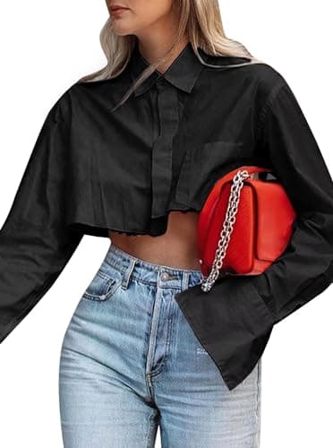 Morzq Button Down Shirts for Women Oversized High Low Blouse Womens Crop Top Collared Shirts Black L - Image 1