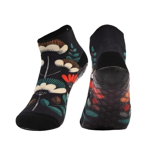 RANDY SUN Low Cut Quick-Dry Barefoot Beach Socks with Anti-Slip TPE Sole, Breathable Lightweight Shoes for Sand, Seamless Aqua Socks, Black Flowers Size 27 - Image 1