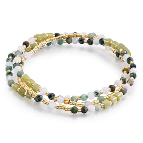 POMODA Beaded Bracelets Stack for Women Small Beaded Stretch Stone Bracelets Stackable Gemstone Crystal Dainty Boho 14K Gold Plated Beads Anklets Necklace Summer Jewelry for Women