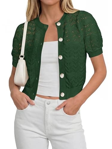 PRETTYGARDEN Women Summer Crochet Puff Short Sleeve Cardigan Lightweight Spring Cropped Button Up Beach Knit Sweater Tops(Green,X-Large) - Image 1