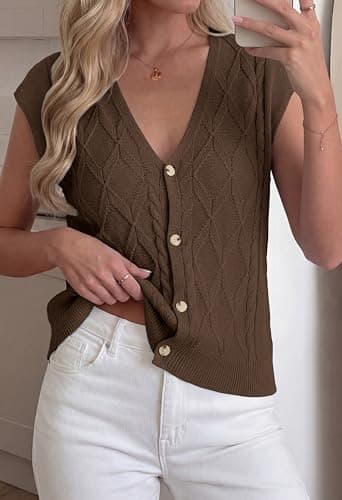 BTFBM Sweater Vest Women V Neck Cap Sleeve Button Down Knit Tops Spring Summer 2026 Loose Lightweight Cardigan Vests(Brown, Medium) - Thumbnail 5