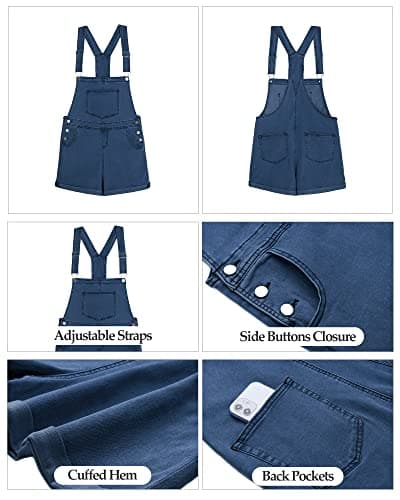 Vetinee Women's Deep Blue Classic Adjustable Straps Cuffed Hem Denim Bib Overall Shorts Small - Thumbnail 6