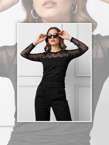 Women’s Lace Long Sleeve Tops Sexy Mesh Sheer Crew Neck Going Out Double Layered Blouse Black - Thumbnail 2