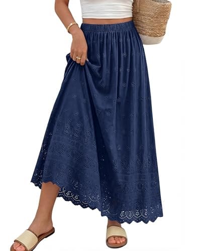 dowerme Women Summer Maxi Skirt Cute Elastic High Waist Boho Eyelet A-Line Cotton Flwoy Long Skirts Spring Clothes 2026(Navy Blue,X-Large) - Image 1