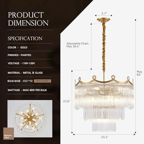 brfaixla 23.1" Modern Glass Gold Chandelier Light Fixture Luxury Glam 3-Tier Crystal Chandeliers for Dining Room 13-Light Round Hanging Ceiling Pendant Lighting for Living Room Bedroom Entrance Foyer - Thumbnail 2
