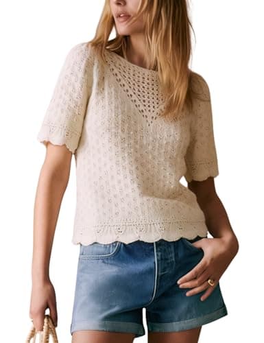 Wefebi Women's Cotton Puff Short Sleeve Crochet Knit Tops Crew Ceck Pullover Sweaters with Scalloped Hem Design(Beige-L) - Image 1