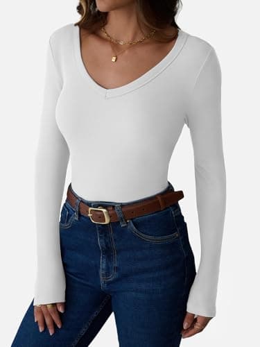 GKBK Women Long Sleeve V Neck Ribbed Knit Slim Fitted Shirts Basic Tee Cute Tshirts Going Out Tops 2025 Fall Winter Casual T Shirts Blouse Outfits Work Fashion Trendy Clothe White XS - Thumbnail 3
