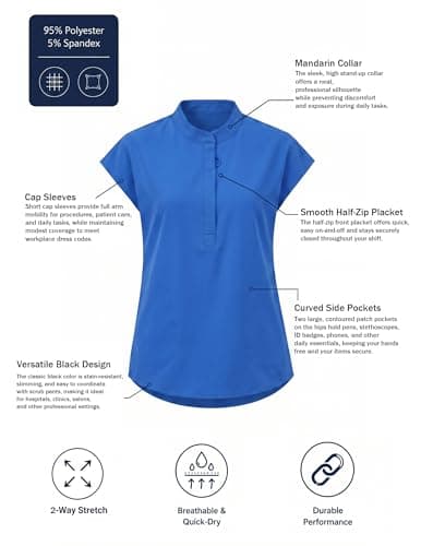 VECARDI Women's Scrub Top Zip Front Stretch Short Sleeve Nurse Uniform Shirt with Pockets Badge Loop Royal Blue - Thumbnail 4
