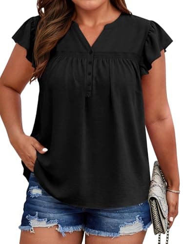 Beautife Womens Plus Size T Shirts Summer Casual Ruffle Sleeve Button Down V Neck Tops Loose Fit Smocking Tee Black - Image 1