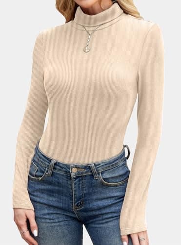 GKBK Women's Turtleneck Sweaters Long Sleeve Ribbed Basic Tees Shirts Lightweight Thermal Underwear Warm Layering Tops Fall Outfits 2025 Trendy Apricot - Thumbnail 3