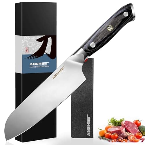 ANSHEE 7 Inch Japanese Santoku Knife-Full Tang High Carbon Stainless Steel Professional Chef Knife, Multipurpose Kitchen Blade with Wood Handle&Sheath/Gift Box for Meat, Veggies,Fruits Home&Restaurant - Image 1
