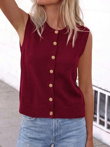 BTFBM Sweater Vest Women Casual Crewneck Loose Button Down Knit Sleeveless Cardigan 2026 Spring Clothes Summer Vest Tops(Burgundy, Small) - Thumbnail 6
