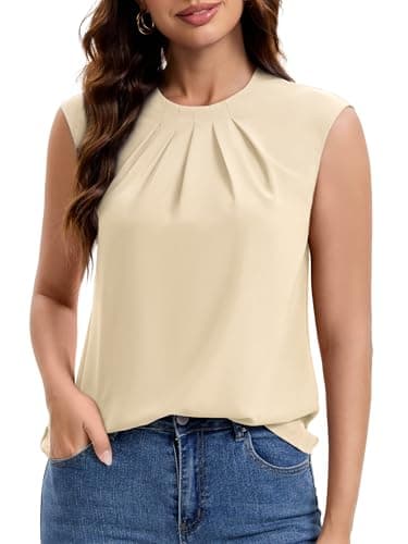 Funlingo Short Sleeve Blouses for Women Dressy Casual Summer Tunic Tank Tops Crew Neck Pleated Shirts Spring Work Business Outfits Beige S - Image 1