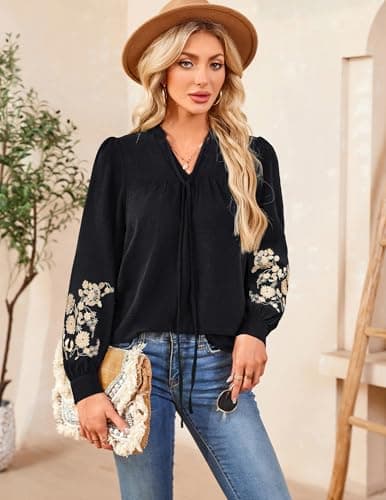 LOOKBOHO Women's Floral Embroidered V-Neck Puff Long Sleeve Casual Tops Fashion Boho Mexican Shirts Fall Blouses 2025 M - Thumbnail 2