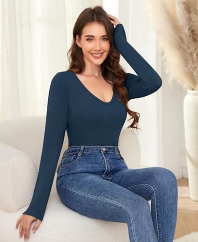 Ganado Long Sleeve Shirts for Women V Neck Thermal Shirt Layering Undershirts Plain Fitted Basic Tops (Dark Blue, XX-Large) - Thumbnail 3