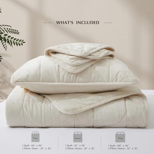 Oli Anderson Velvet Quilt Set King Size - Lightweight Bedspread Coverlet - Soft Velvet Comforter Set - Reversible Quilted Bedding Set for All Seasons - Cream White - 3 PCS (1 Quilt, 2 Pillow Shams) - Thumbnail 5