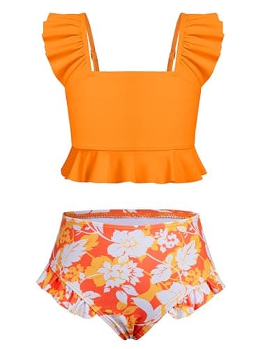 XiaoMoSha Girls Two Piece Swimsuits Ruffled Kids Bikini Sets Adjustable Straps Cute Bathing Suits for Toddler Beach Swimwear Size 3 4 3-4 Orange Flowers - Image 1