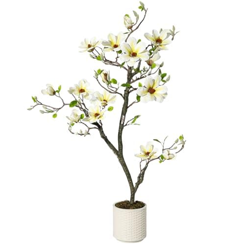 4 ft Faux Magnolia Plants Artificial Flower Trees Fake Plants For Yard Patio Home Office Arrangement Decor Indoor Outdoor Artificial Magnolia Tree Inc. 66 Realisc Flowers Vivid Leaves Mosses White Pot - Image 1