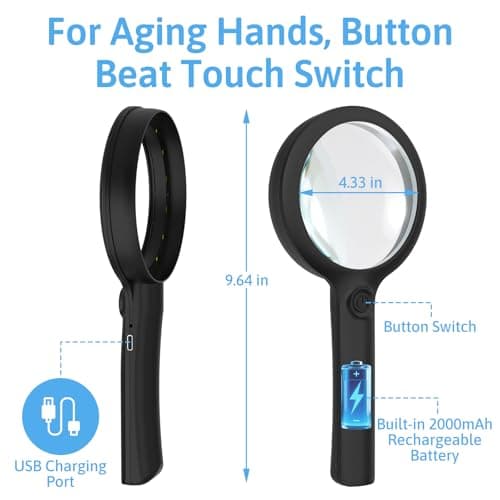 10X Magnifying Glass with Light, Upgraded Large 4.33" Handheld Illuminated Lighted Magnifier with 3 Light Modes for Seniors Reading, Coins, Jewelry, Close Work, Kids Nature Exploration(Black) - Thumbnail 6