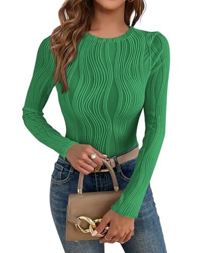 PRETTYGARDEN Women's Tops 2026 Spring Fashion Long Sleeve Crewneck Blouse Fitted Textured Basic Knit T Shirt Y2k Clothes(Green,X-Large) - Image 1
