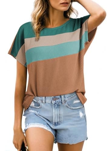 Dokotoo Women's Tops Cute Crew Neck Knitted Short Sleeve Color Block Pullover Summer Fashion Knit Shirt Tops Casual Striped Tunics Blouses Lightweight Outfits for Women Chestnut Large - Image 1