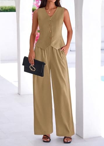 KIRUNDO Business Casual Outfits for Women Vest Tops Pant Suits Dressy 2 Piece Sets Summer Crop Blazer Wide Leg Work Pants(Khaki, Medium) - Thumbnail 3