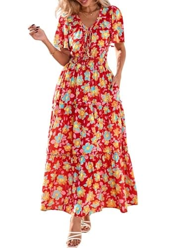 KIRUNDO Spring Summer Wedding Guest Dresses for Women 2026 Boho Floral Short Sleeve V Neck Ruffle Tiered Flowy Maxi Dress(Wine Red, Medium) - Image 1