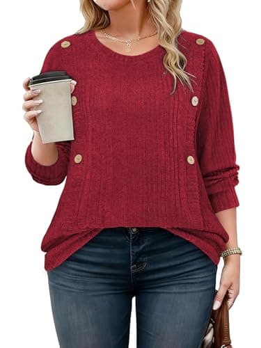 Siddhe Sweaters for Women Plus Size Full Sleeve Crewneck Cute Knit Chic Cotton Modern Sweatshirt Autumn Misses Trend Relaxed Fit Button Casual Tops Stretch Straight Oversized Halloween Wine 4XL - Image 1
