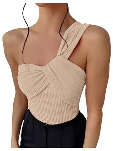GORGLITTER Women's Twist Front One Shoulder Bodysuit Sleeveless Backless Asymmetrical Neck Tank Top Jumpsuits Apricot Large - Image 1
